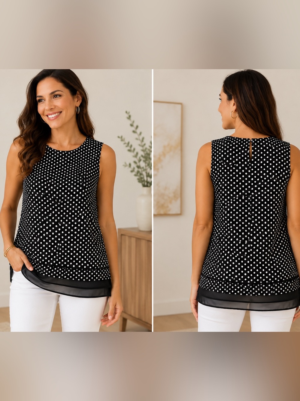 Calvin Klein Black & White Polka Dot Sleeveless Blouse – Size M NWOT